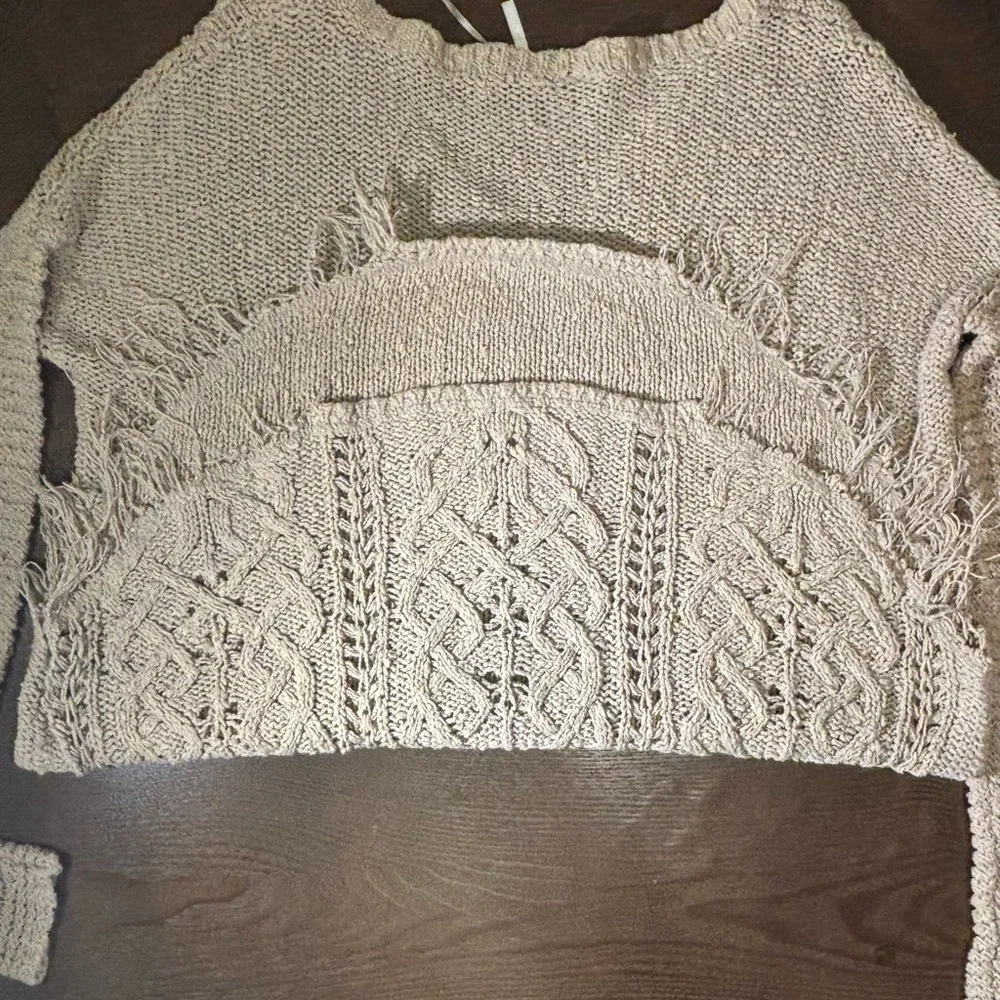Free People Tan Crew Neck Sweater with Intricate Knit Pattern